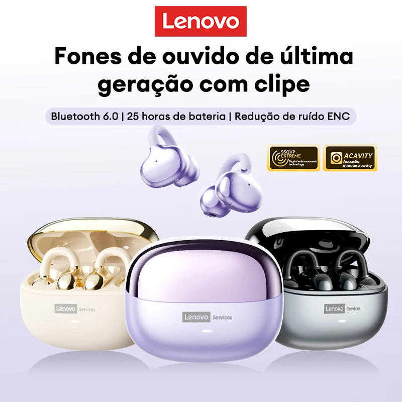 Fones de Ouvido Bluetooth 6.0 Originais Lenovo LE302 OWS com Longa Duração de Bateria, Fones de Ouvido Esportivos com Clip para Ouvido e Cancelamento de Ruído