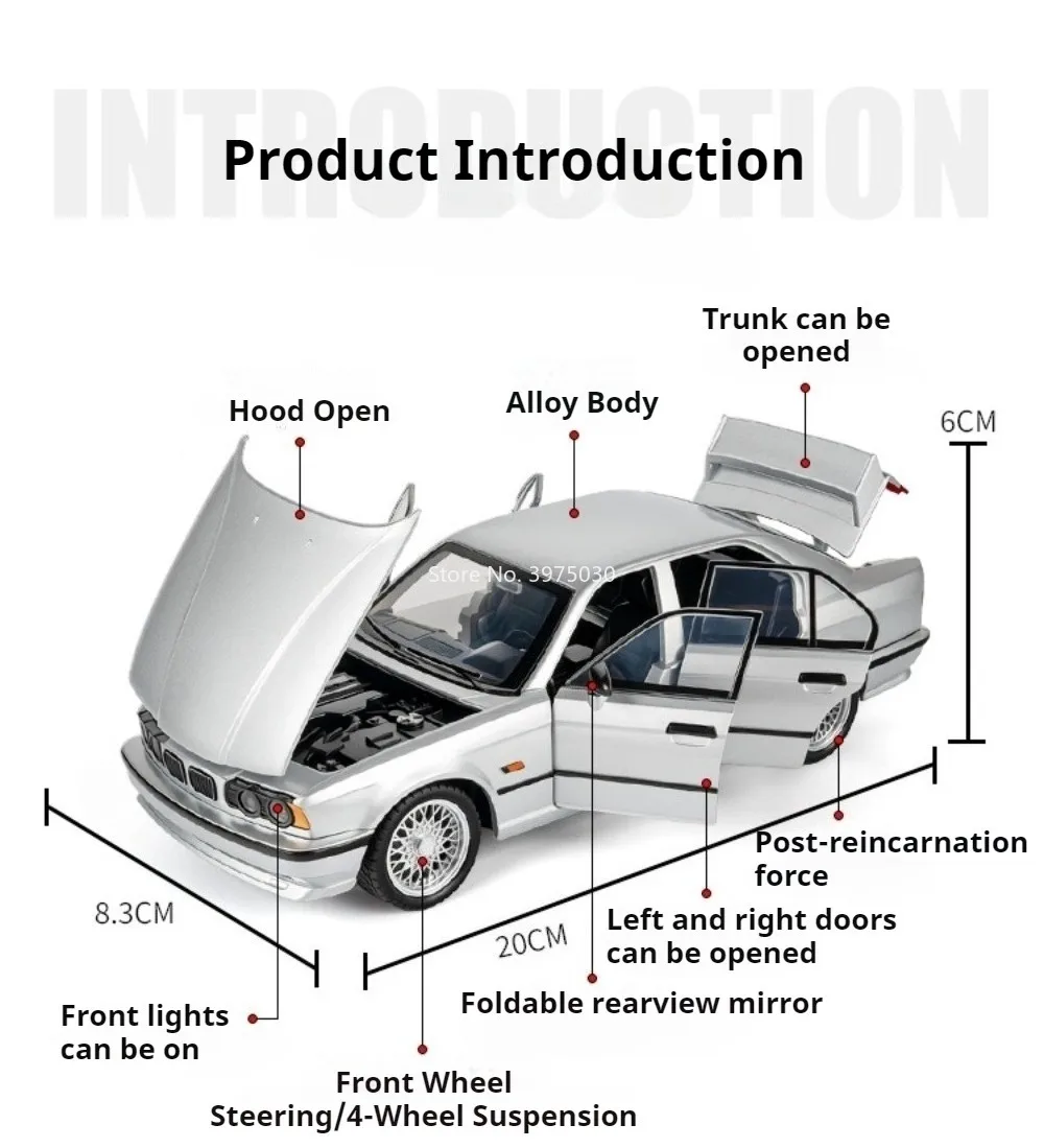1:24 BMW M5 Alloy Sports Car Model Diecast Toys Front Wheel Steering Shock Absorption Sound Light Pull Back Vehice for Kids Gift