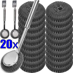 Steel Wire Ball Pot Brush Kitchen Pan Dishes Cleaning Brush Long Handle Metal Wool Scourer Strong Decontamination Cleaning Wipe