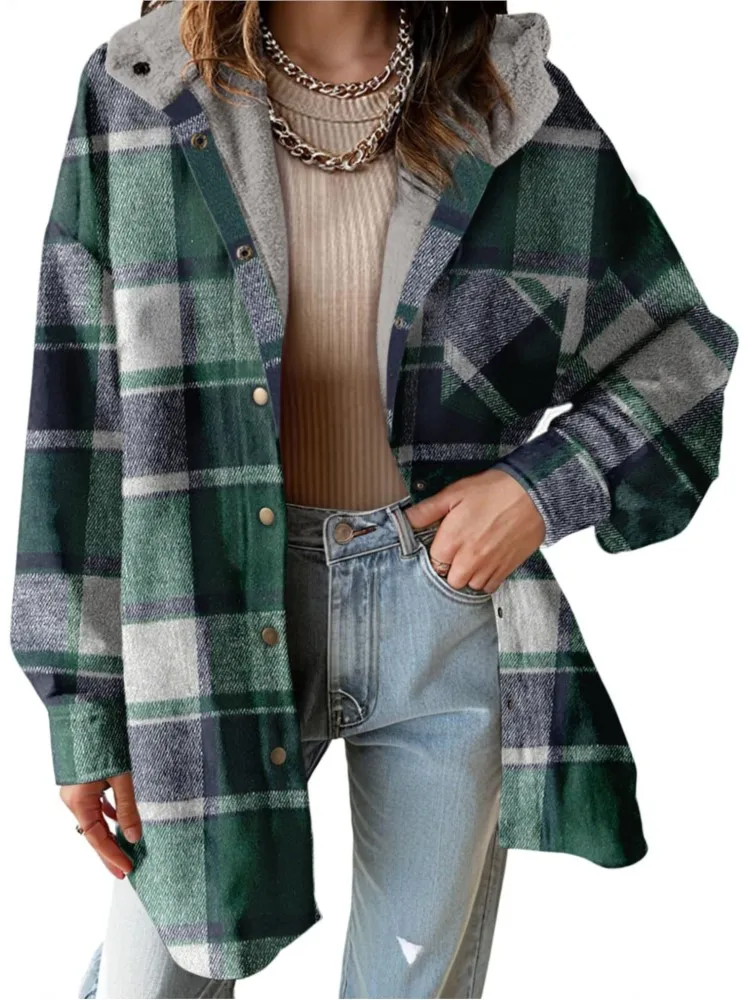 New Checkered Pocket Button Women's Jacket Coats Autumn Winter Casual Long Sleeved Lapel Comfortable Warm Thicken Coat Woman 3