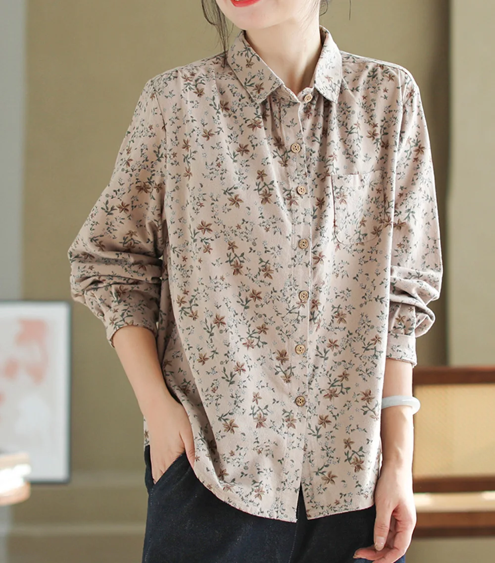 Novo 2025 inverno algodão manga longa camisa escovada, feminino turn-down colarinho impressão, mori menina redução de idade blusa solta t5n020cc