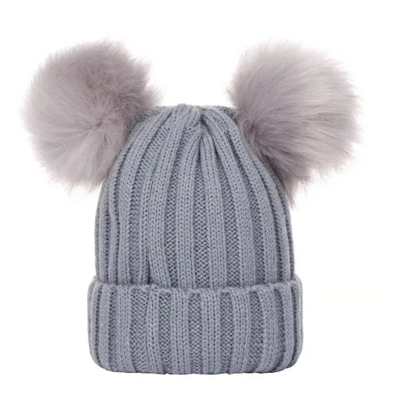 children\'s winter toddler baby kids faux fur hat cap beanie with 2 two double pom poms pompom ears  funny hat for boys and girls