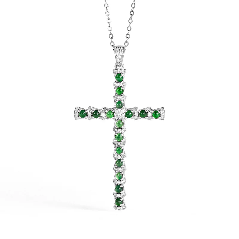 

Original Design Green Cross S925 Silver Inlay with Jadeite Pendant Women's Religious Fashion Jewelry for Gift