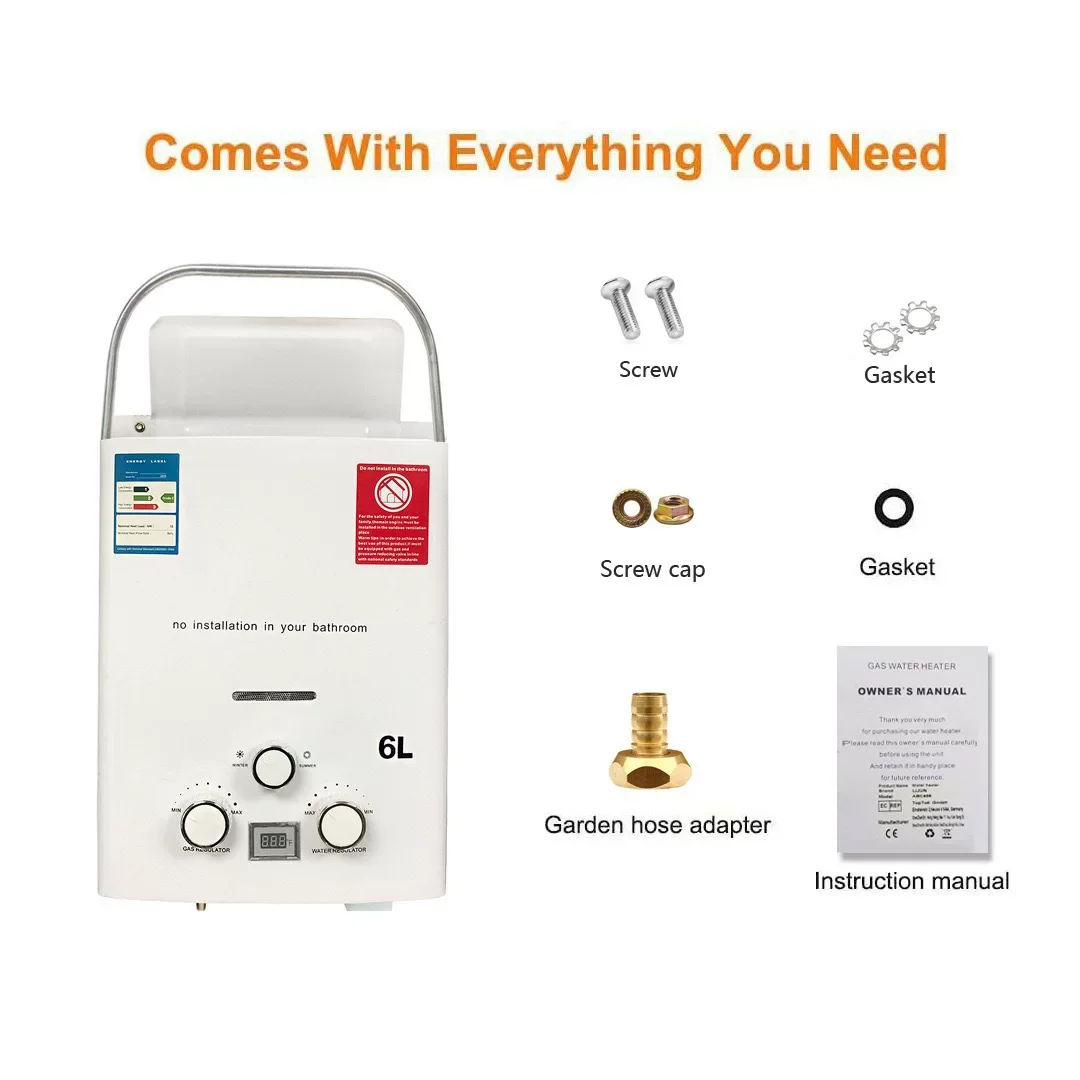 6L Portable Outdoor Tankless Water Heater - Instant Hot Water for Camping RV with Overheating Protection