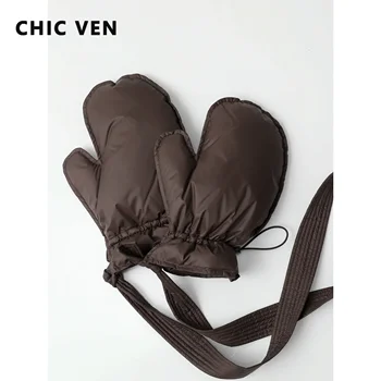 CHIC VEN New Women Fashion Down Gloves Solid Casual Female Soft 90 White Duck Down Mittens Glove Thick Warm Autumn Winter 2024