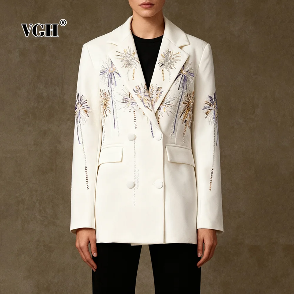 

VGH шикарный офисный лоскутный двубортный пиджак для женщин с зубчатым воротником и длинными рукавами, модное женское пальто с блестками