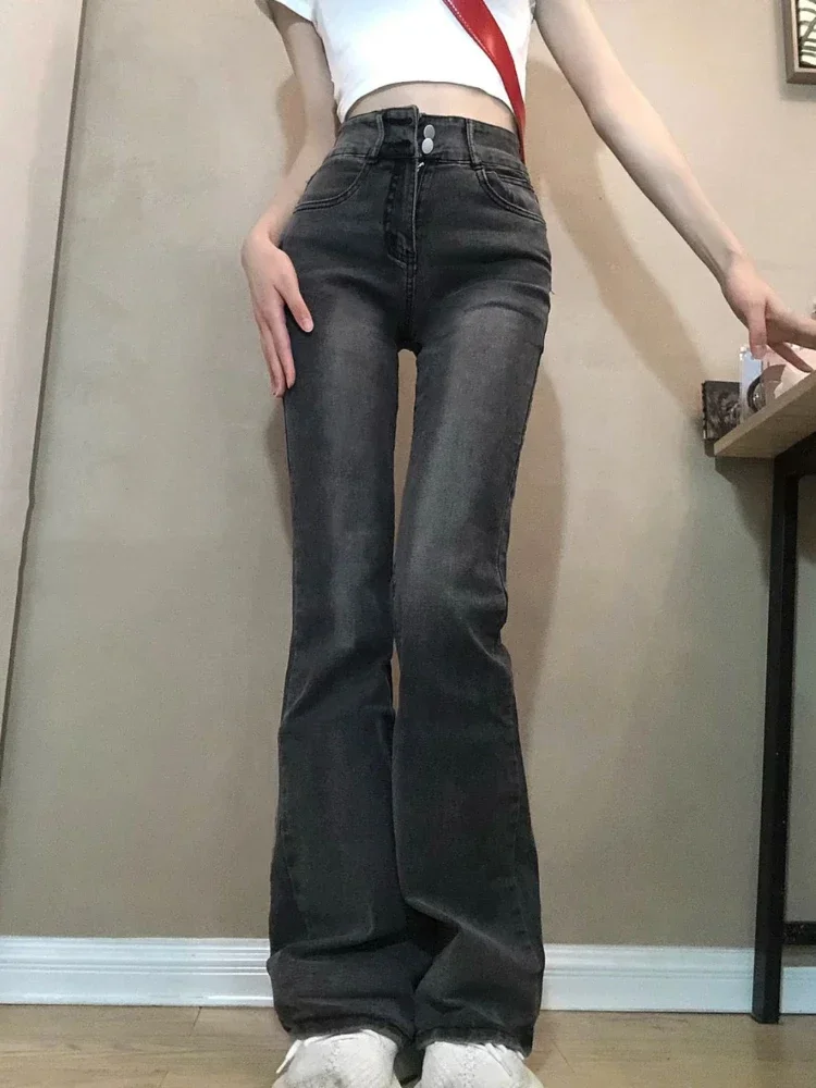 

Серые джинсы женские с высокой талией шикарная уличная одежда в стиле BF весна осень корейские базовые повседневные тонкие ретро студенческие джинсовые женские новые повседневные