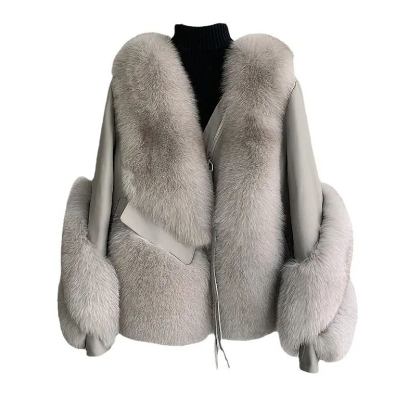 

High Quality European and American Women's Clothing Sheepskin Motorcycle Suit Fur Coat Winter Fox Fur Coat Women's Short Style