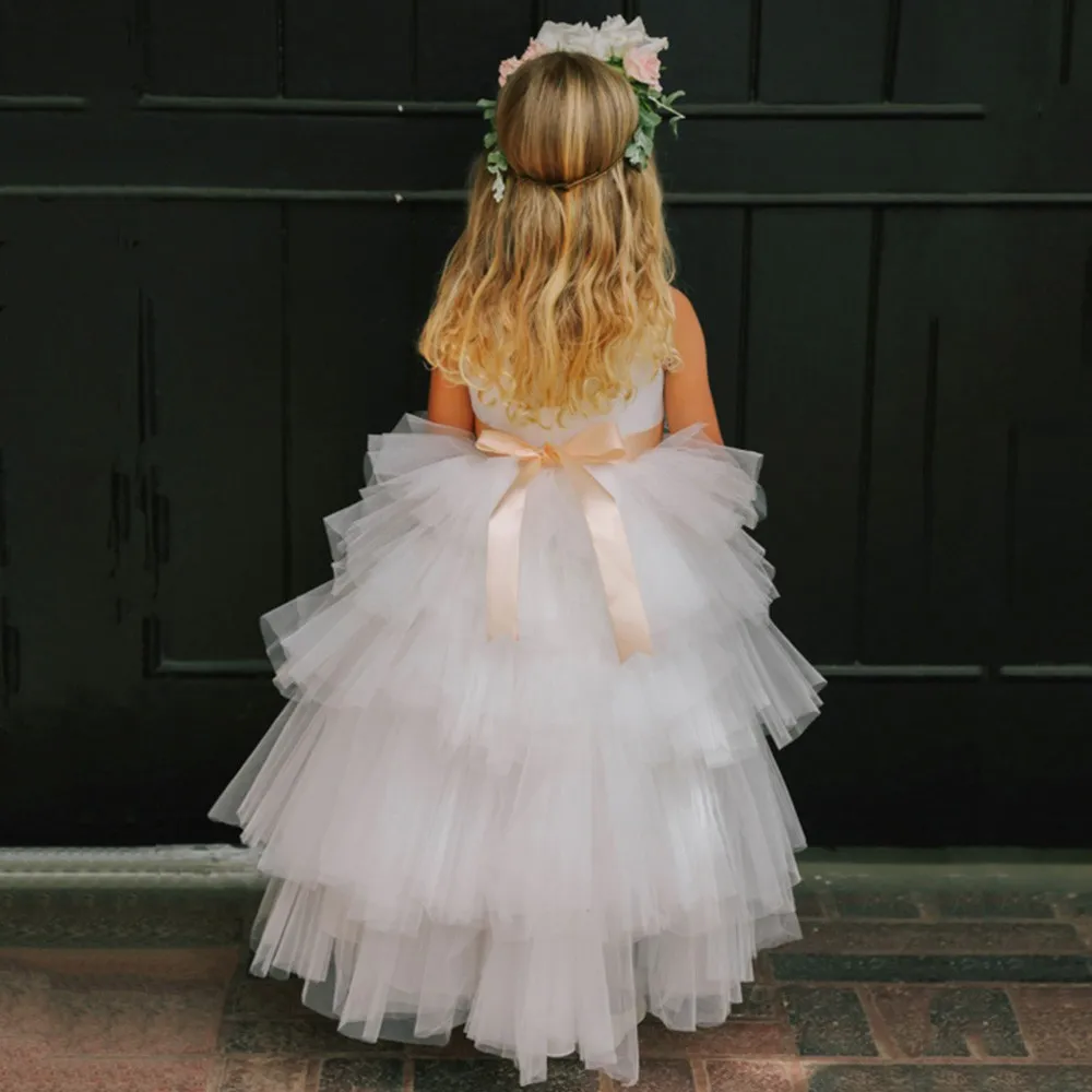 Vestido de tul de retazos para niña, sin mangas, lazo, cuello redondo, cinturón, volantes bajos, primera comunión