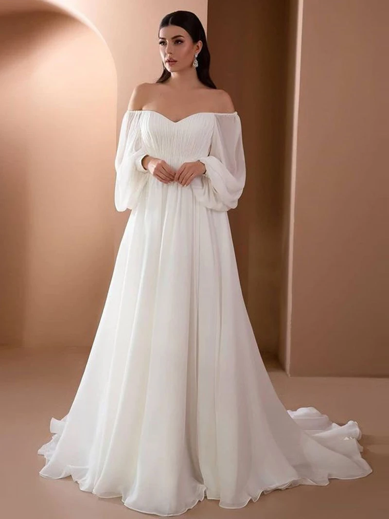 Elegant Women White Lace Off The Shoulder Wedding Dresses Sexy Sweetheart Prom Dress Luxury Lantern Sleeves Female Bride Dresses