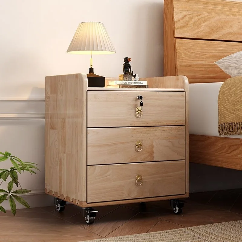 Under the table storage solid wood bedside table three drawers storage movable cabinet solid wood with lock storage small cabine