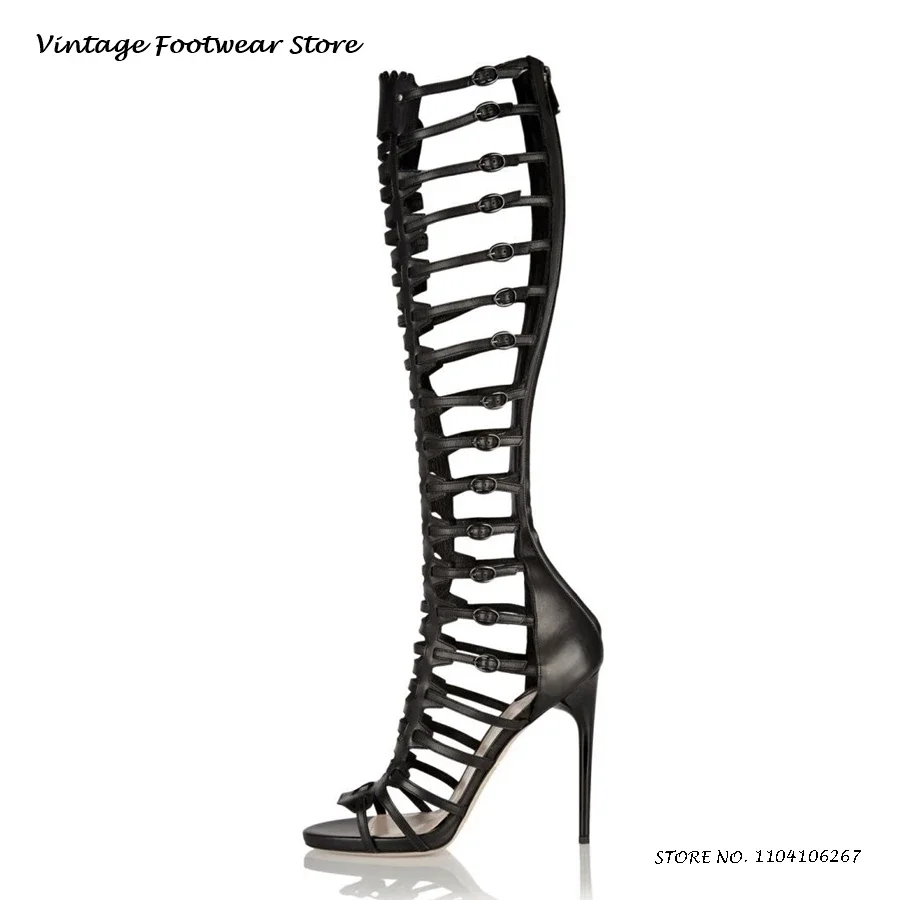 Knee-high Leather Gladiator Sandals Summer Round Open Toe Thin Heels Shoes Women's Belt Buckles Buckle Zipper Trending Stilettos