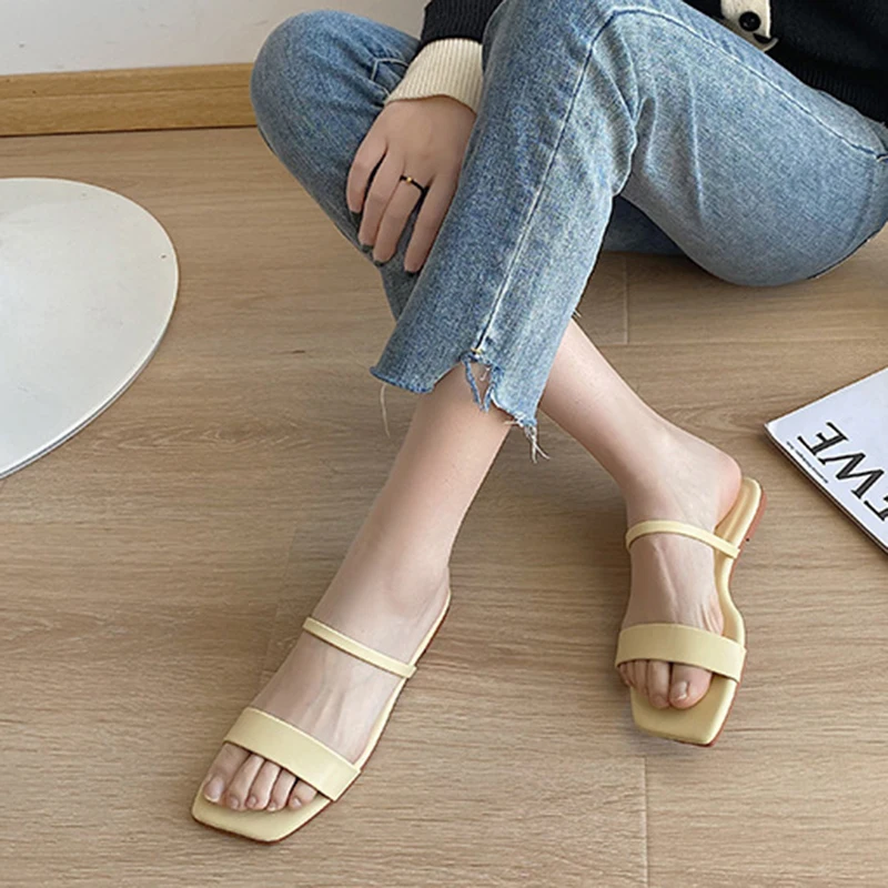 Slippers Women 2023 New Women\'s Slip on Shoes Summer Square Head Peep Toe Slippers Women\'s Flat Outerwear Beach Solid Slides