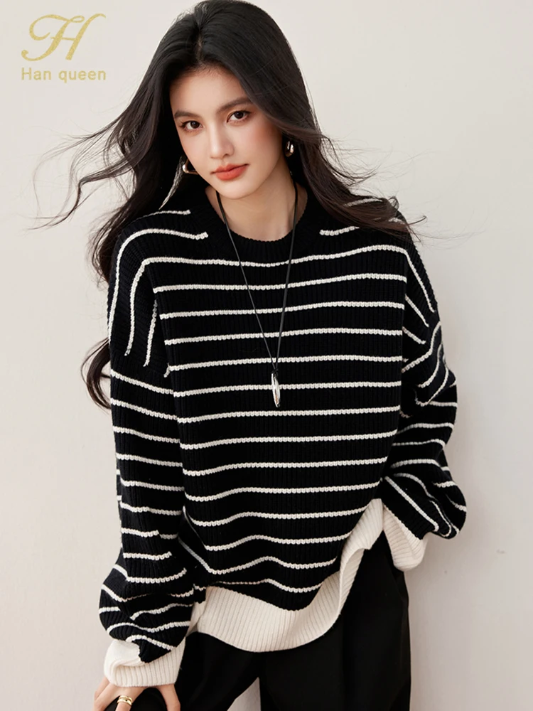 H Han Queen 2025 Winter Lazy Knitted Women Sweater Korean Chic Color Block Stripes Long Sleeve Female Clothing Fashion Pullovers