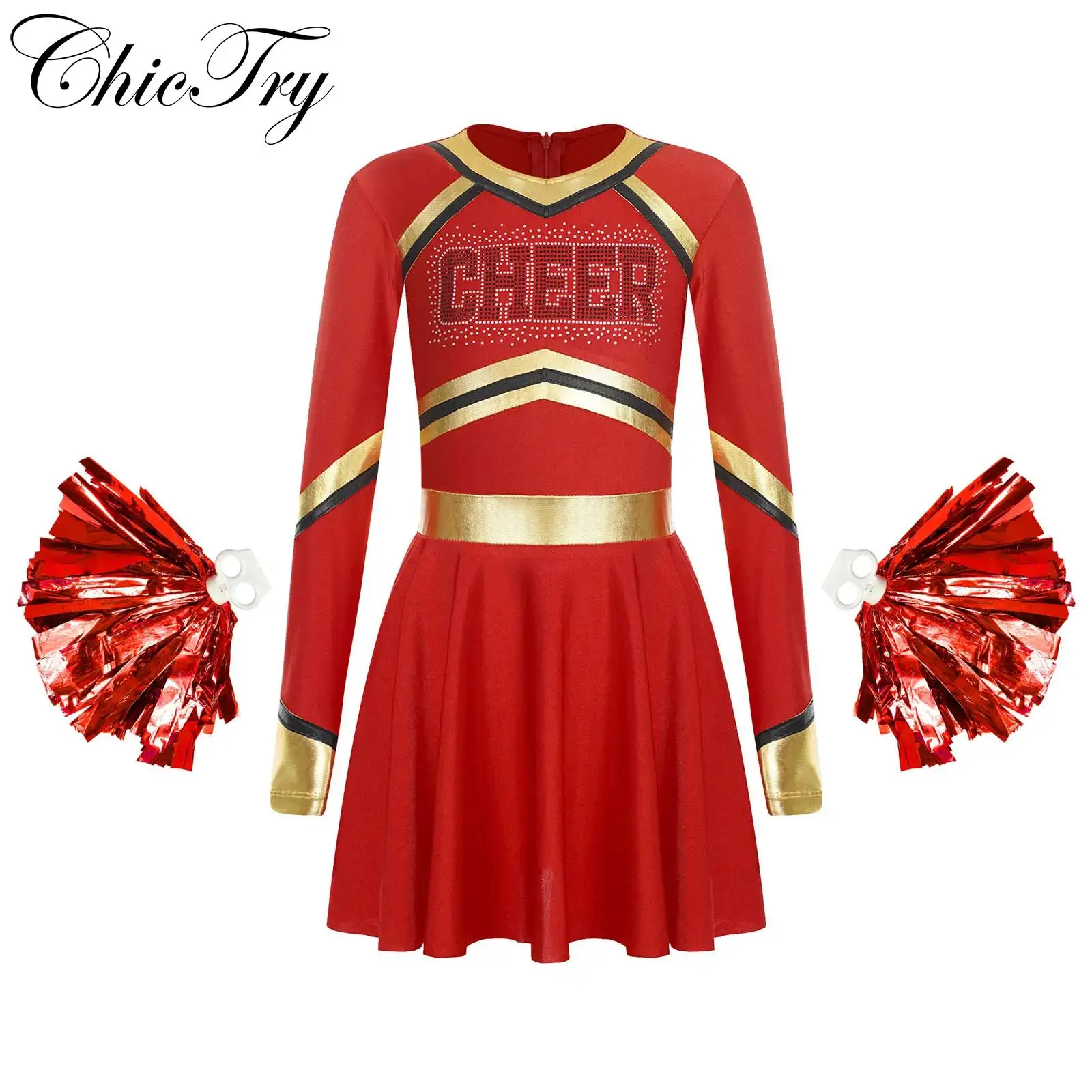 

Cheer Leader Costume for Kids Girls Sports Cheer Up Dance Uniform Rhinestones Letter Pattern Long Sleeve Dress with Hand Flowers