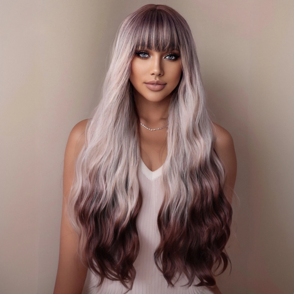 

Silver-ash highlights straight bangs Long wavy women's Synthetic Heat-resistant fiber daily party Wigs