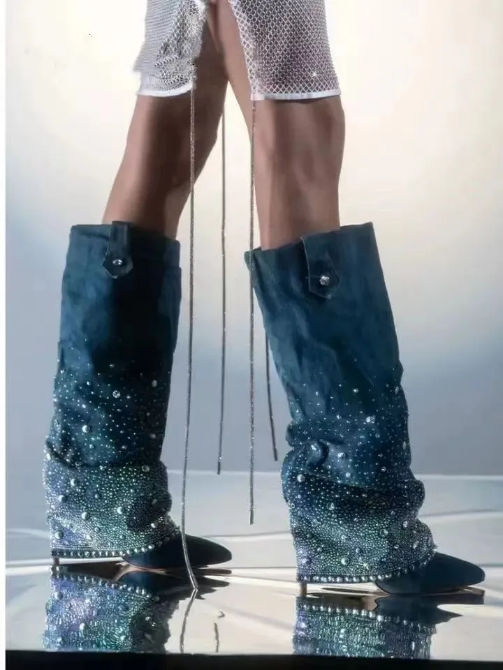 In winter 2024, the new heavy industry pointed thin heel rhinestone jeans tube boots plus size knee-length women's boots.