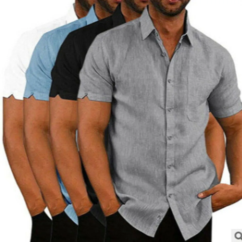الرجال جيب بلوزة بلايز الصيف الذكور رفض طوق زر قصيرة الأكمام ضئيلة بلون بلوزة قمصان YYCFS-19505 #4