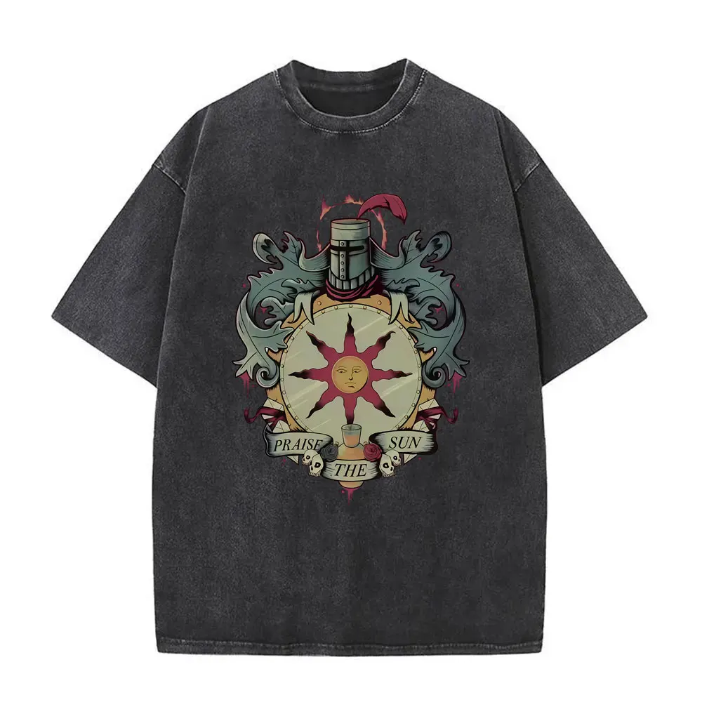 

Limited Game Dark Souls Church of The Sun Washed Vintage T Shirt Men Women Gothic Rock T-shirts Men's Casual Oversized T Shirts