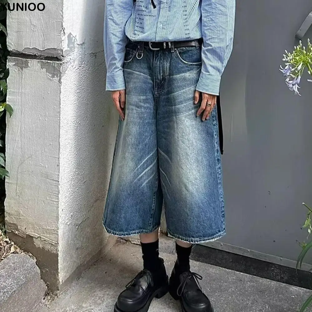 

Fashion with Pockets Retro Denim Shorts Wide Leg Baggy Cowboy Pants Ins Style Streetwear Mid Waist Trousers Women/Men