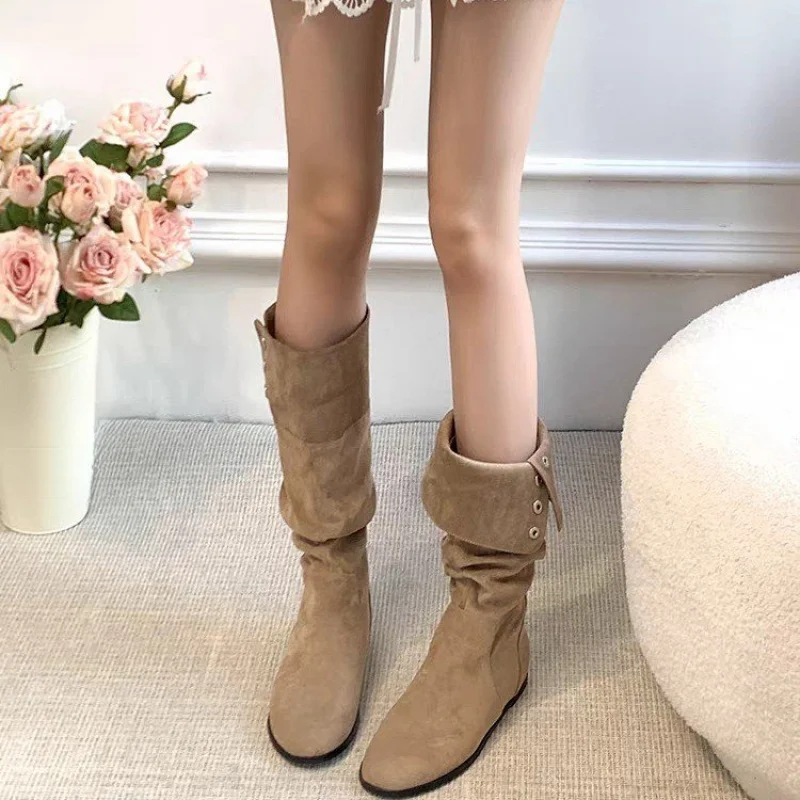 Autumn Winter New mid Heel Women's Boots Retro High Top round Toe Heightening Fashion Boots