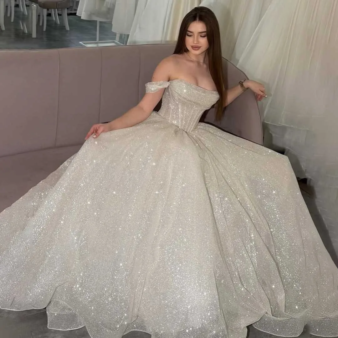 Glitter Off the Shoulder Tulle Evening Dresses Boat-neck A-line Ruched Plain Prom Dress Luxurious Long Formal Party Ball Gowns image 4