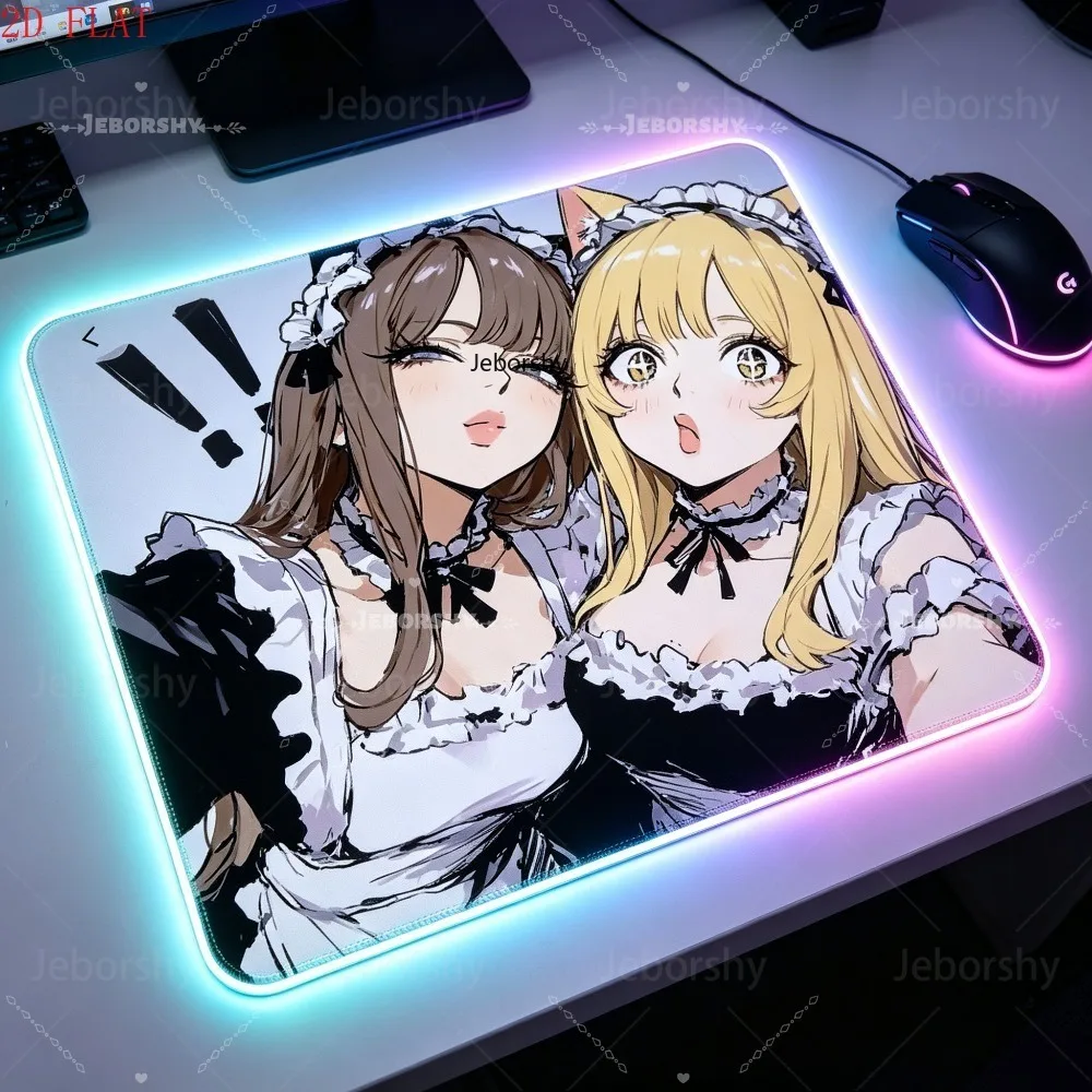 RGB Gaming Mouse Pad,LED Desk Mat,Anti-slip Rubber Edges,Two Cat Ear Maid Girls Black White Uniform Anime Print