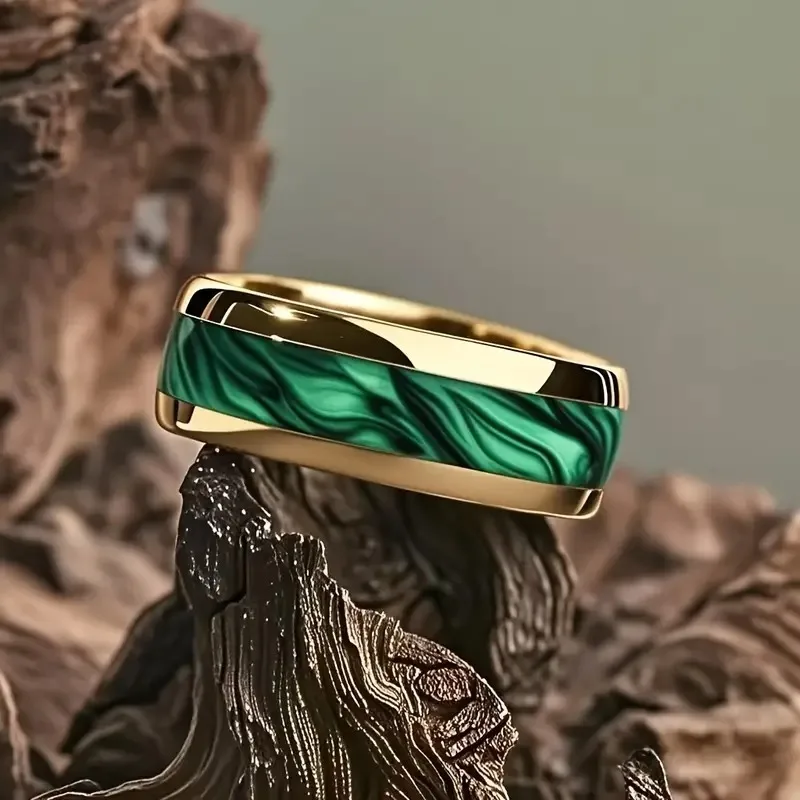 Modischer schwarzer Herrenring aus Edelstahl mit vulkanischer Lava und goldenem Folienmuster-Einlage – Ringe für Herren, Hochzeitsschmuck, Direktversand
