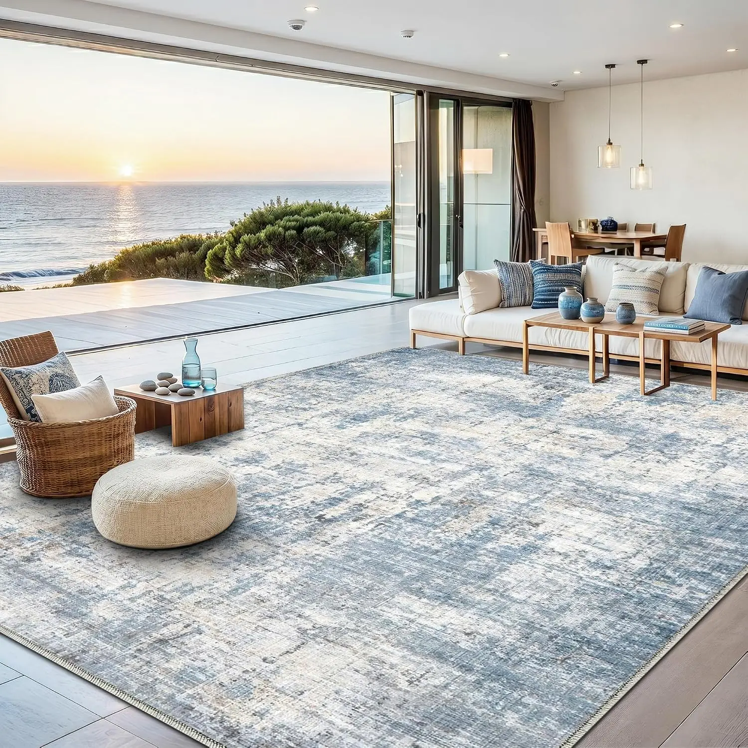 

8x10 Washable Area Rugs for Living Room Non Slip Soft Carpet Modern Abstract Coastal Indoor Floor Stain Resistant Large Rug for Bedroom Dining Room Home Office Blue