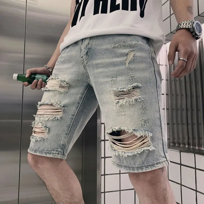 2000 Y2k Clothes Summer Korean Trend Casual Five-point Pants Brand 2025 Straight Beggar Pants Ripped Denim Shorts Mens Clothing