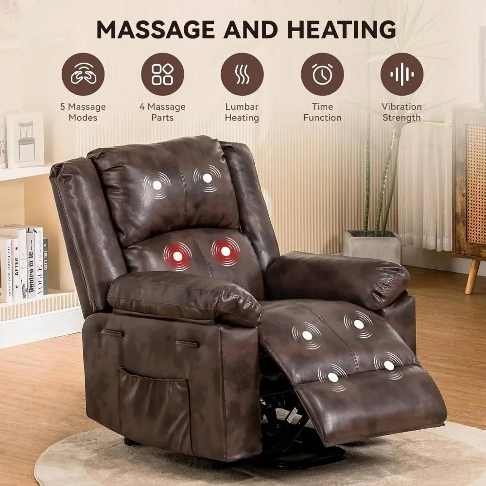 Fauteuil inclinable à levage électrique pour homme, fauteuil élévateur avec chaleur et massage, canapé inclinable en PU avec fonction de synchronisation, 2 poches latérales