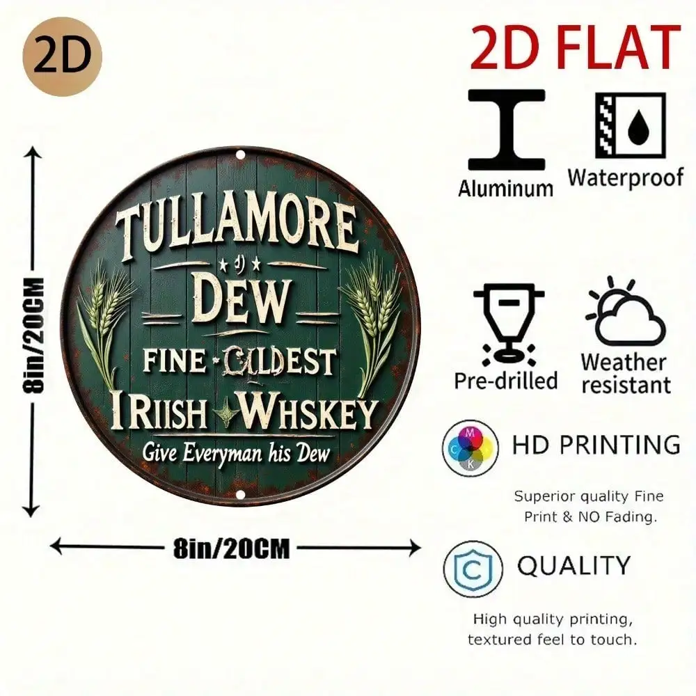 Vintage Tullamore Dew Whiskey Metal Sign Wall Art, Rustic Circular Aluminum Pub Decor Distressed
