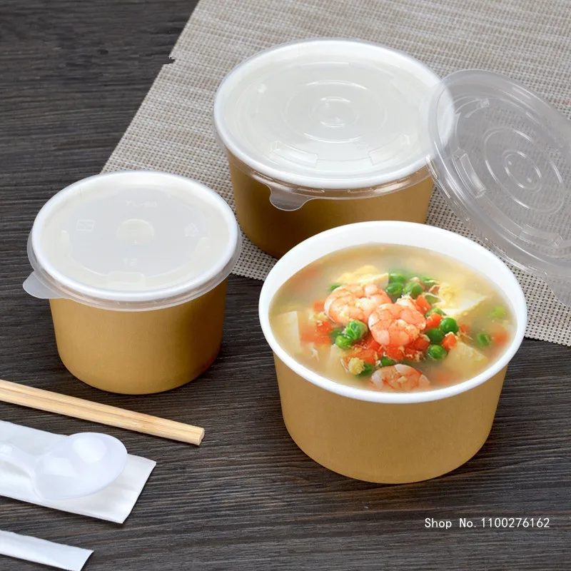 50pcs Disposable Paper Bowl Kraft Paper Thick Round Packaging Bowl 8oz 14oz 16oz Ice Cream Salad Fruit Soup Food Cups with Lids