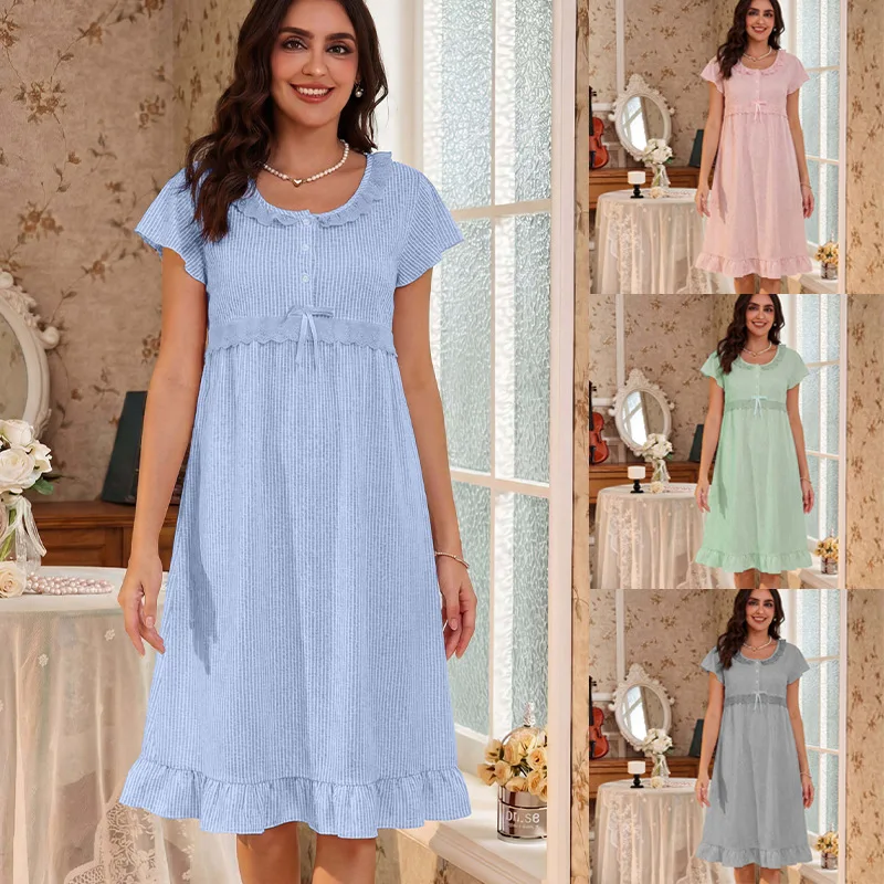 Women Nightgown Loose Fit Cute Pajamas Spring Autumn Version Girls Students Mid-Length Lace Bow Striped Round Neck Short Sleeves