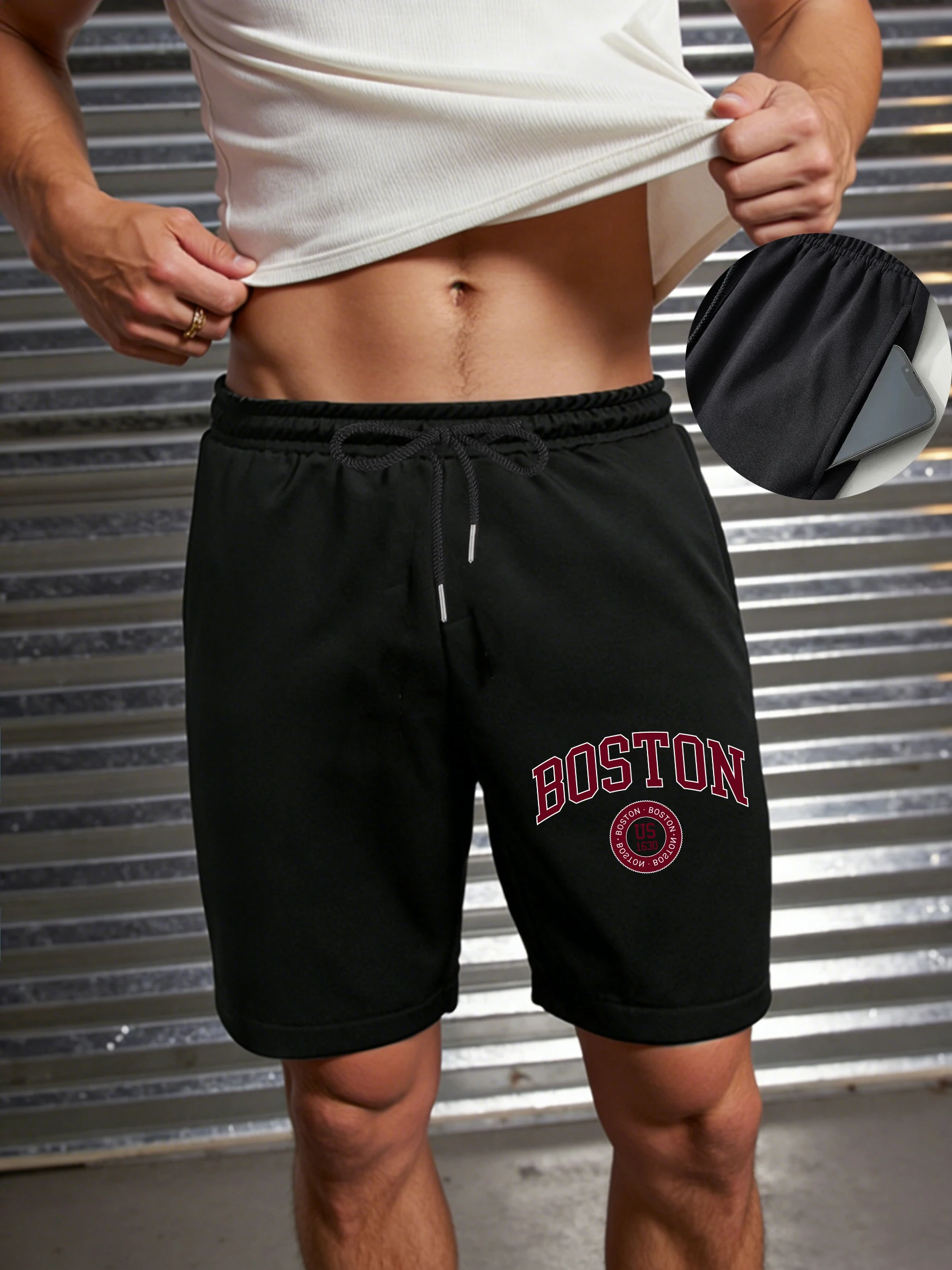 

Art Letter Boston Usa Pattern Men'S Gym Shorts Summer Elasticity Pants Pocket Outdoor Pant Loose Wide Leg Casual Swimming Trunks