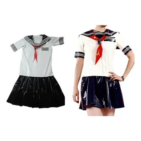 Sexy Women Latex School Uniforms Rubber Cosplay Dress with Tie