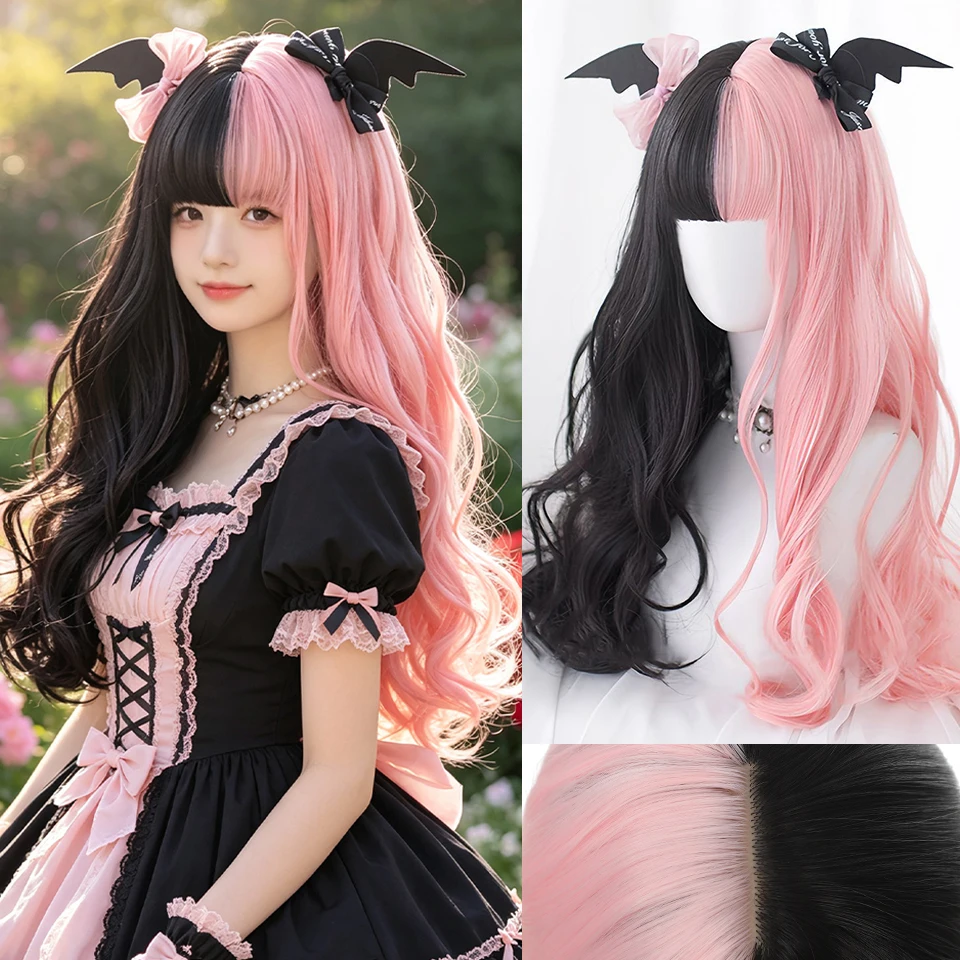 Image of Synthetische Haare, lange Wellen, schwarz und rosa, Lolita-Stil-Perücken für Frauen, Cosplay-Perücke mit Pony, Weihnachten, Halloween, Urlaub, Festival