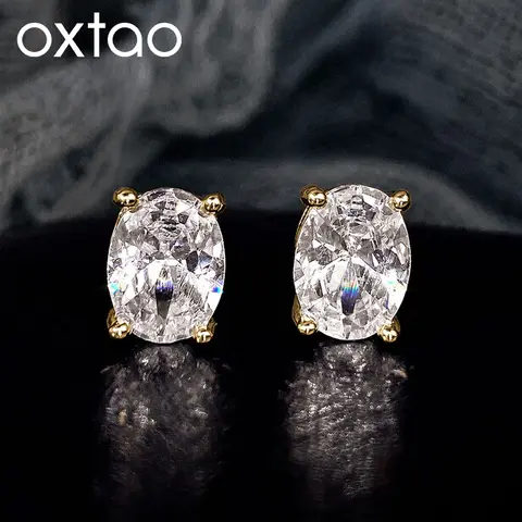OXTAO Oval Cut Certified Moissanite Solitaire Stud Earrings Sparkling Diamond Ear For Women Men Wedding Jewelry 14K Gold Filled