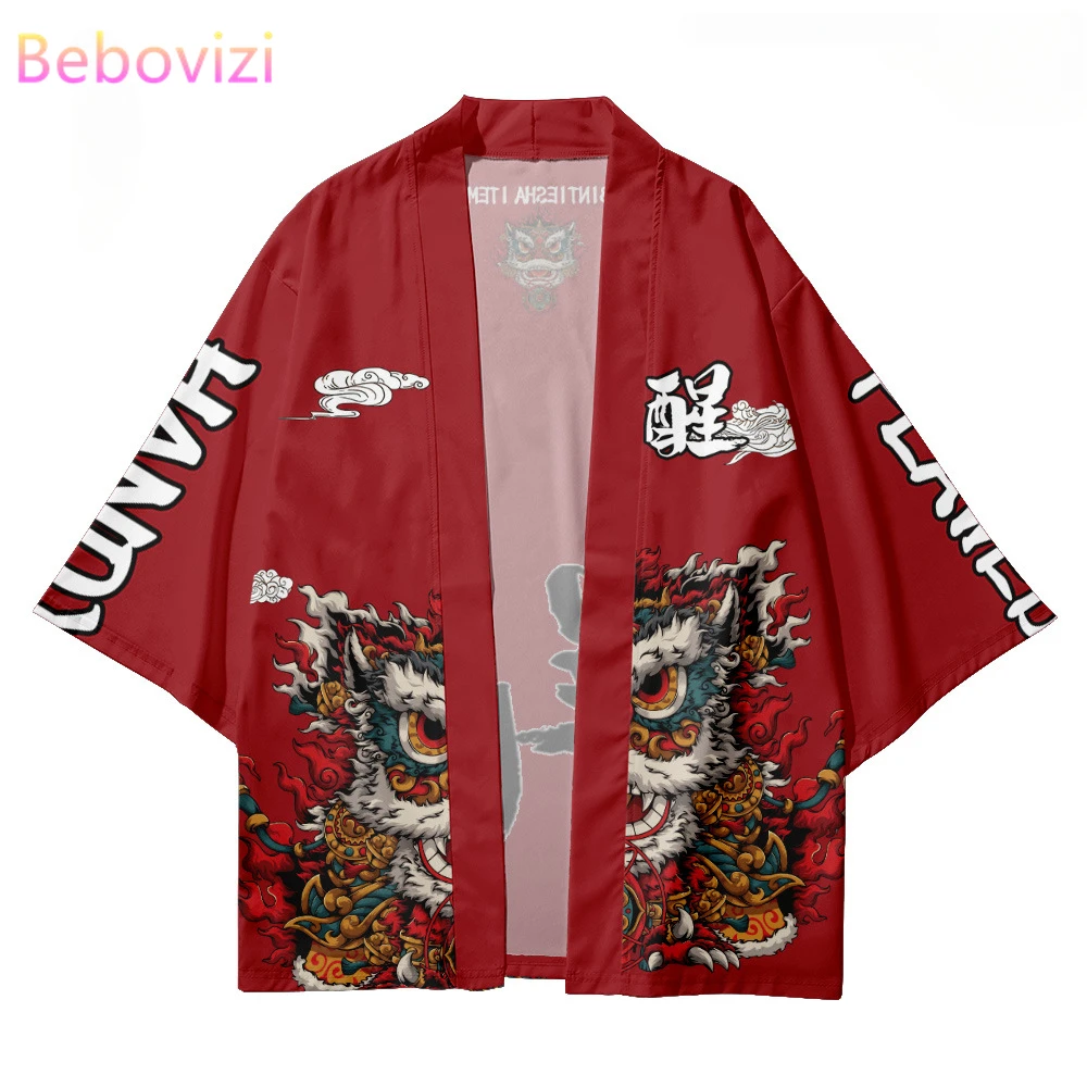 

6XL 5XL Chinese Style Lion Dance Print Red Kimono Cardigan Shirt 2023 Women Men Yukata Beach Samurai Haori Traditional Top