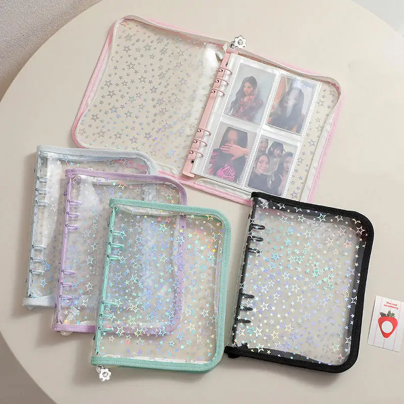 A5 스타 지퍼 바인더 포토카드 걸스 인스 DIY 저널 다이어리 투명 K팝 아이돌 카드 포토 앨범 수집 북 문구