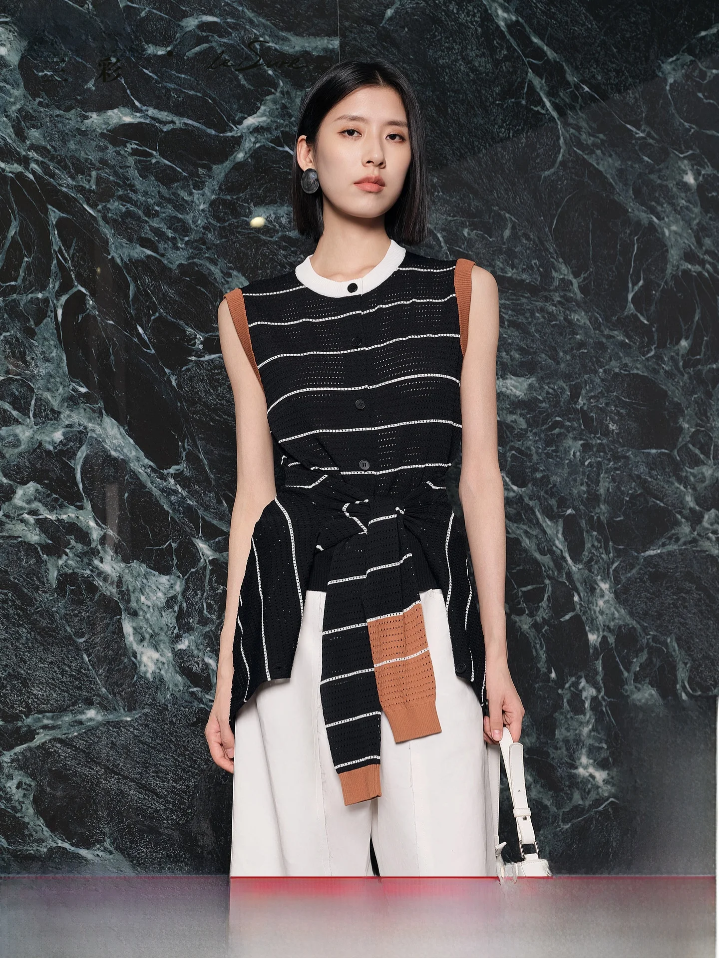 

Женский модный вязаный кардиган Tee-Color Lovely Snow Leisure 2026 Spring с круглым вырезом, в полоску, ажурный