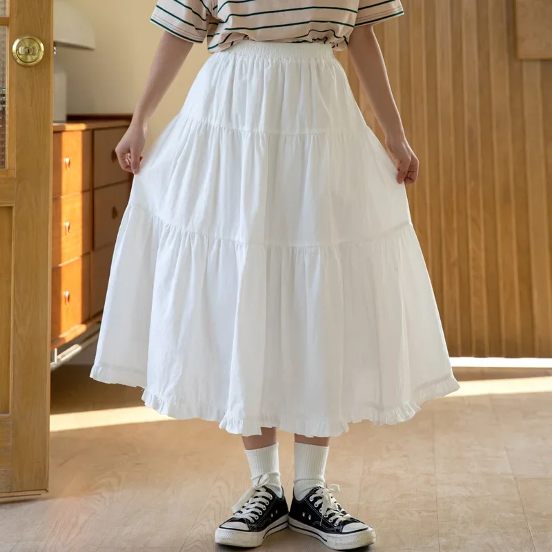 

Japanese Style Sweet Vintage White Ruffles Pleated Long Skirts for Women Summer High Waisted A-line Fairy Cute Cake Maxi Skirt