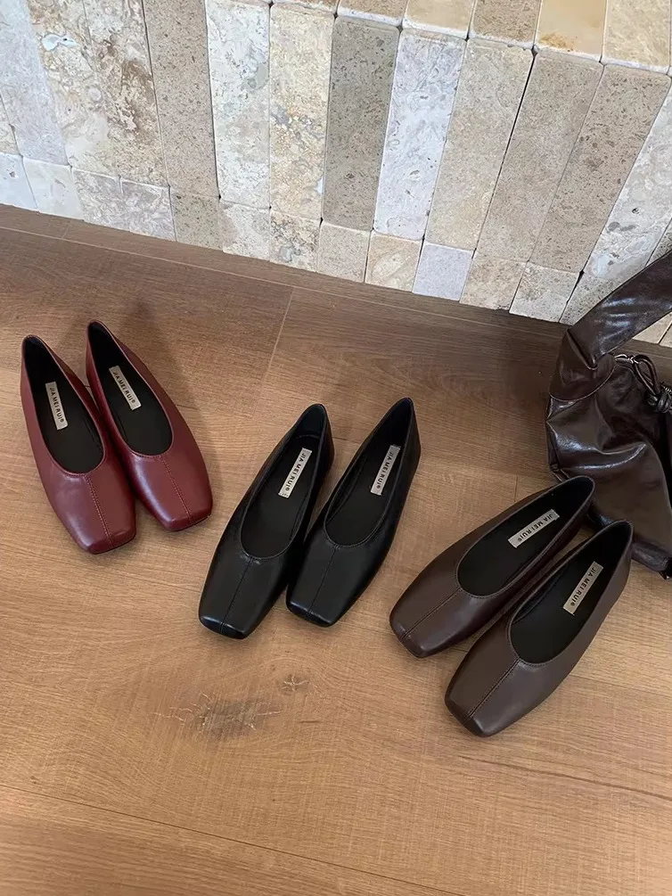 soft-leather-korean-style-commute-low-heel-square-head-slip-on-women's-spring-autumn-ballet-flat-retro-small-leather-shoe