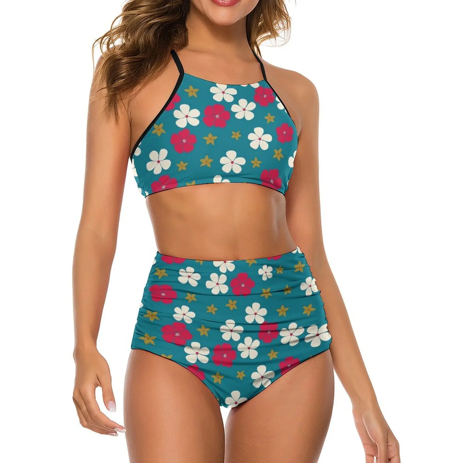 

Sexy Ditsy Floral Bikini Set Red And White Trendy Bikini Swimsuit High Waist Swimwear Women Swim Bath Oversized Beachwear
