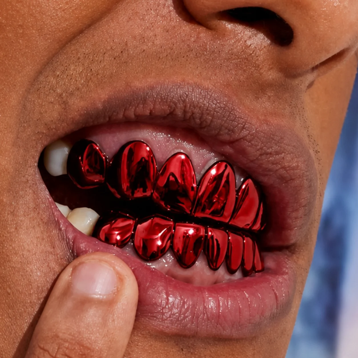 TOPGRILLZ Red Mirror Hip Hop Grillz Set 2Pcs 8 Teeth Top Bottom Grills Y2K Party Cosplay Teeth Halloween Jewelry Men Women