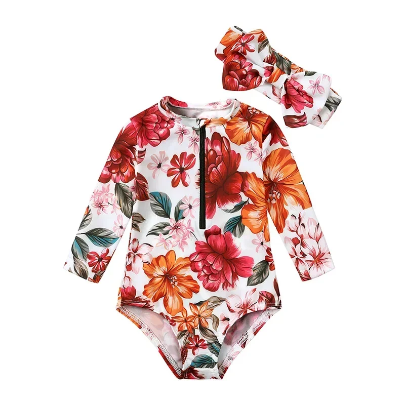 

New Summer Baby Girls One-piece Swimsuit Long Sleeve Sunscreen Quick-Dry Cute Floral Print Swimwear Toddler Bathing Costume