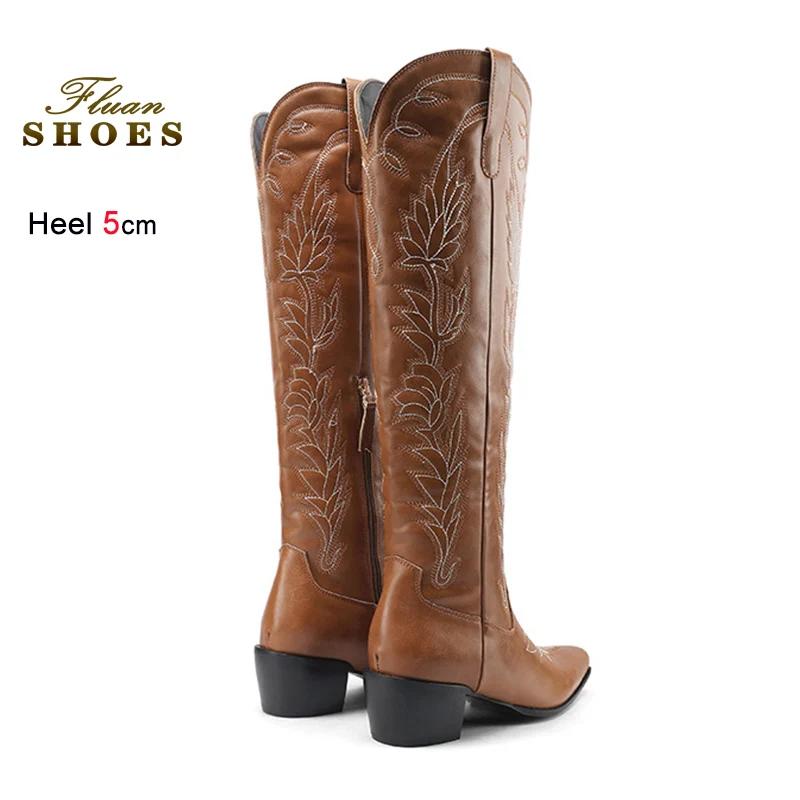 

5CM Chunky Heel Pointed Knight Boots Brown PU Leather Woman Embroidery Knee High Boots 2026 Western Cowboy Shoes Botas Mujer CD