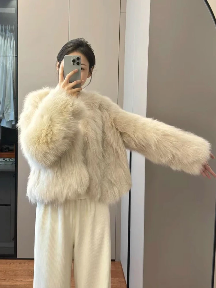 معطف نسائي أنيق من الفرو الصناعي النحيف بياقة على شكل V وأكمام طويلة سترة شتوية دافئة كورية أنيقة للسيدات أنيقة من الثعلب الصناعي ملابس خارجية جديدة #5