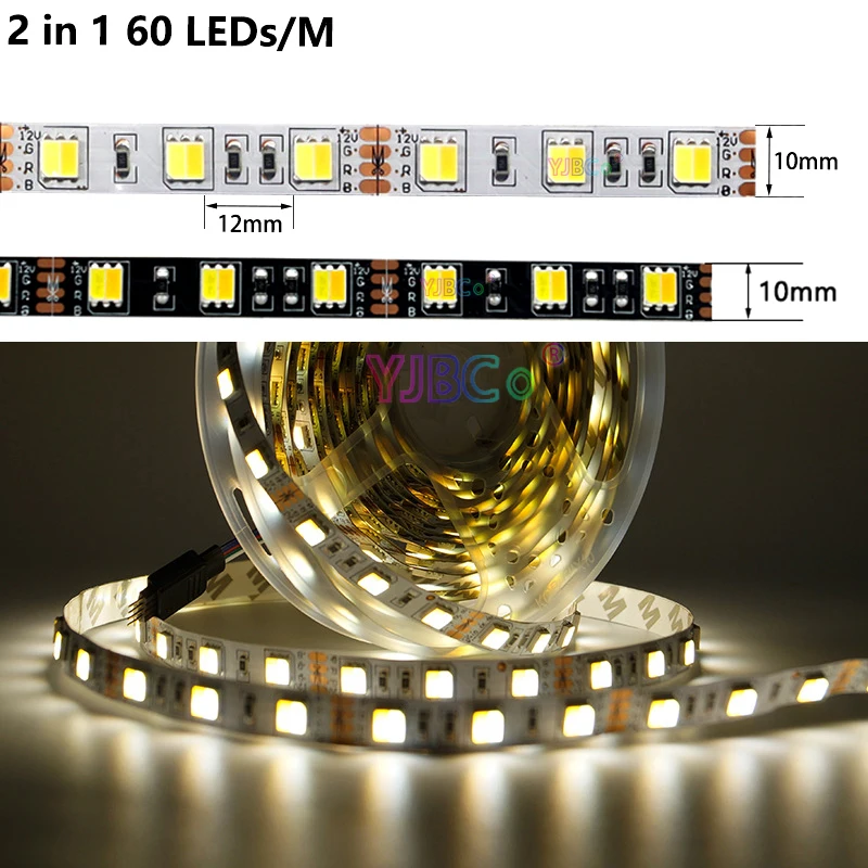 12V 24V 5m CCT 2 in 1 White+Warm white LED Strip 60LEDs/M Double Color Lamp Bar SMD 5050 Flexible Light Tape IP20 IP65 10mm PCB