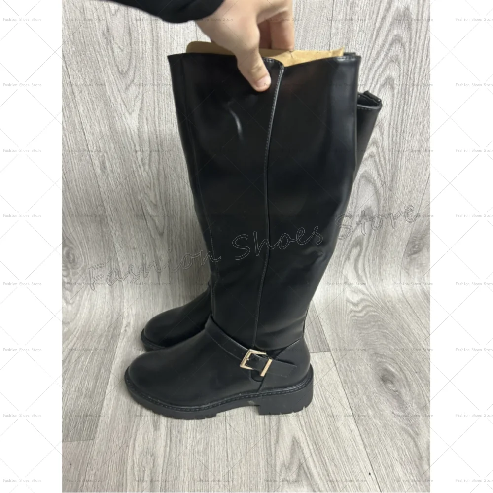 

Black Round Toe Matte Leather Boots Buckle Decor for Women Chunky High Heels Fashionable Dinner Party 2025 Zapatos Para Mujeres